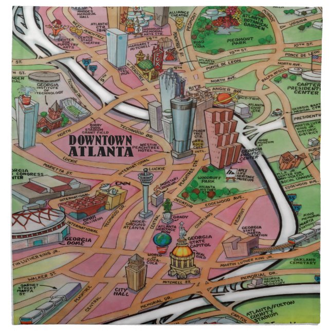 Downtown Atlanta Georgia Cartoon Map Napkin (Front)
