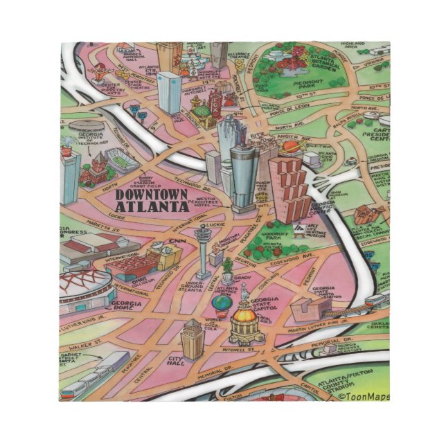 Downtown Atlanta Georgia Cartoon Map Notepad (Front)