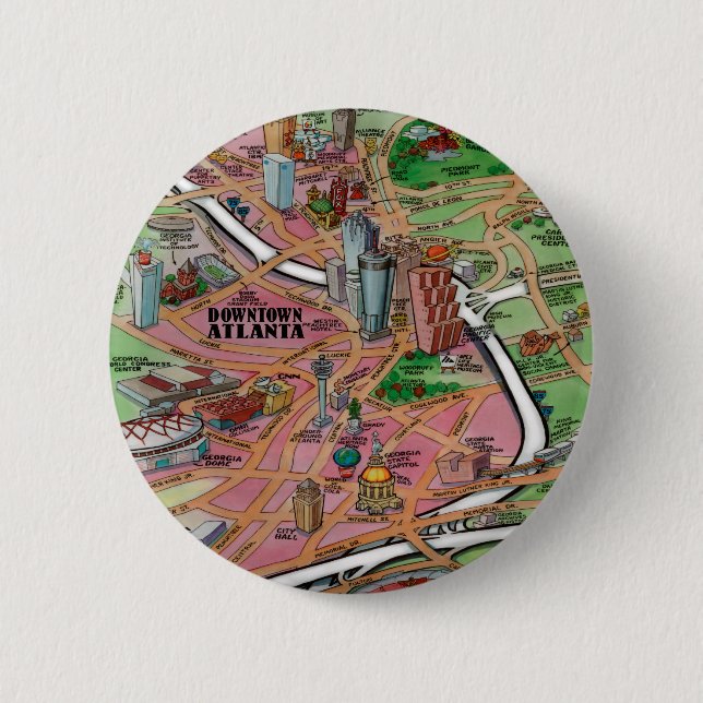 Downtown Atlanta Georgia Cartoon Map Pinback Button (Front)