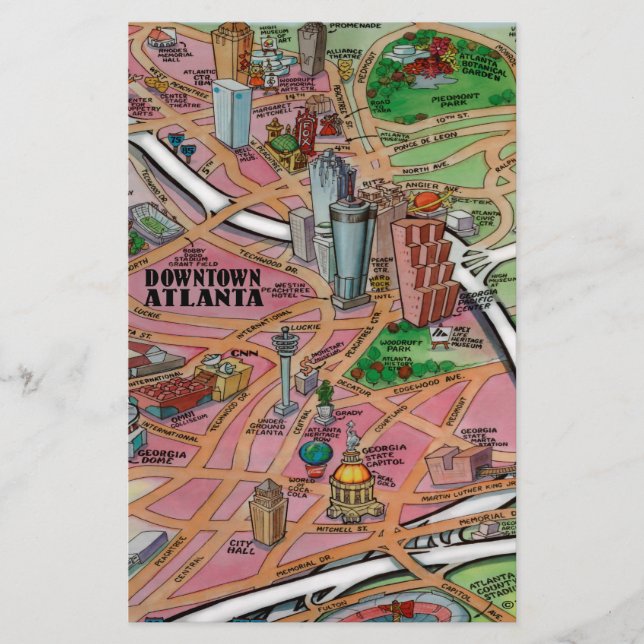 Downtown Atlanta Georgia Cartoon Map Stationery (Front)
