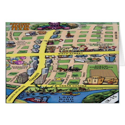 Downtown Austin Texas Cartoon Map Cards (Front Horizontal)
