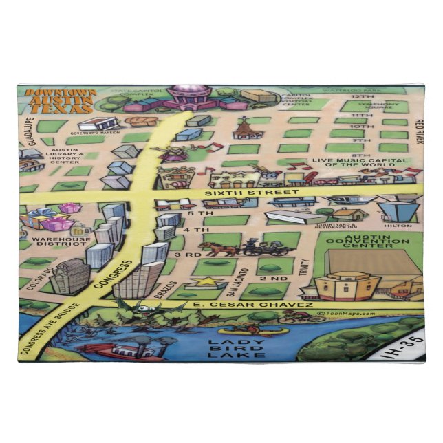 Downtown Austin Texas Cartoon Map Placemat (Front)
