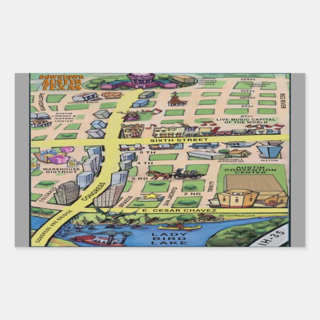 Downtown Austin Texas Cartoon Map Rectangular Sticker (Front)