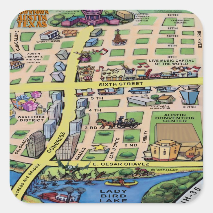 Downtown Austin Texas Cartoon Map Square Sticker | Zazzle