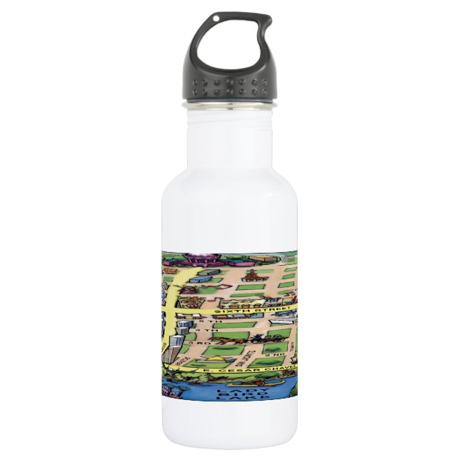 Downtown Austin Texas Cartoon Map Water Bottle (Front)