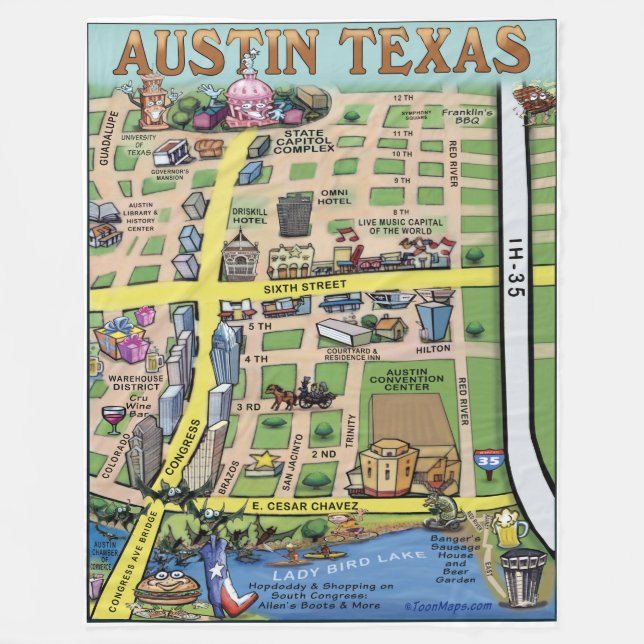 Downtown Austin Texas Fun Map Fleece Blanket (Front)