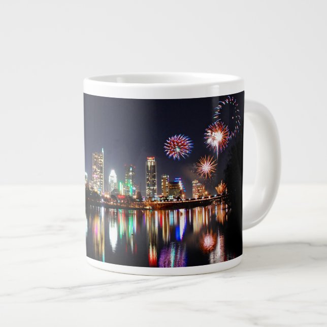 Downtown Austin Texas Night Skyline Fireworks Giant Coffee Mug (Front Right)