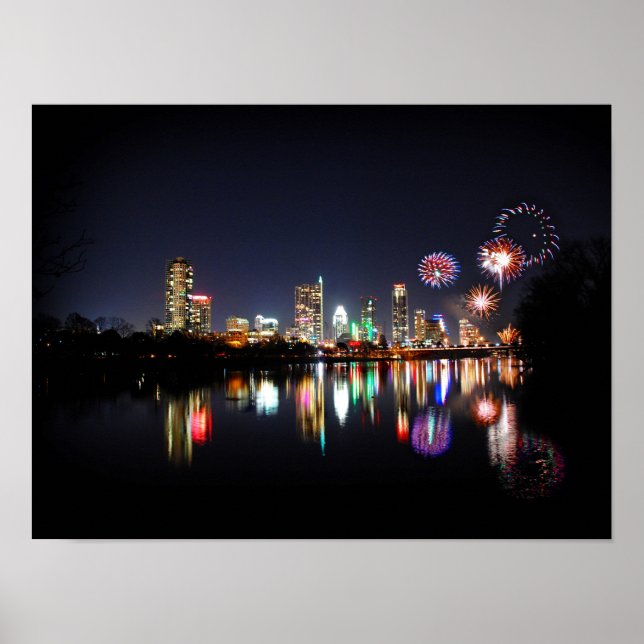 Downtown Austin Texas Night Skyline Fireworks Poster (Front)