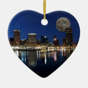 Downtown Baltimore Maryland Dusk Skyline Moon Ceramic Ornament