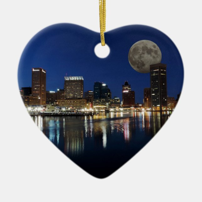 Downtown Baltimore Maryland Dusk Skyline Moon Ceramic Ornament (Front)