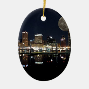 Downtown Baltimore Maryland Night Skyline Moon Ceramic Ornament