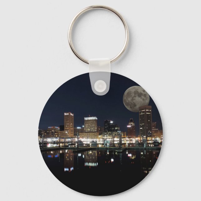 Downtown Baltimore Maryland Night Skyline Moon Keychain (Front)