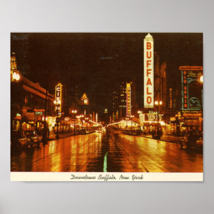 Downtown Buffalo NY at Night Vintage Poster