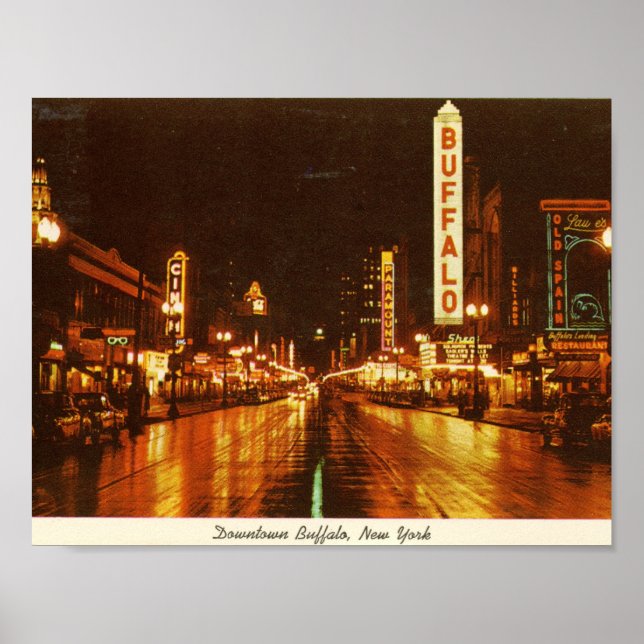 Downtown Buffalo NY at Night Vintage Poster (Front)