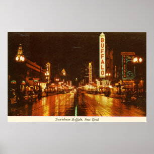 Downtown Buffalo NY at Night Vintage Poster