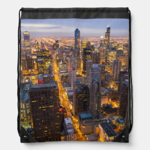 Downtown Chicago skyline at dusk Drawstring Bag