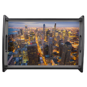 Downtown Chicago skyline at dusk Serving Tray