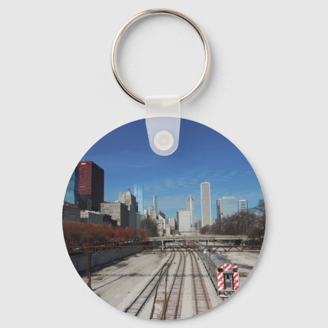 Downtown Chicago with train tracks Keychain (Front)