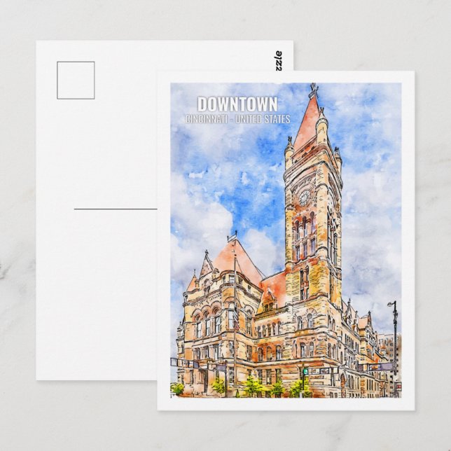Downtown Cincinnati Famous Travel Place Watercolor Postcard (Front/Back)