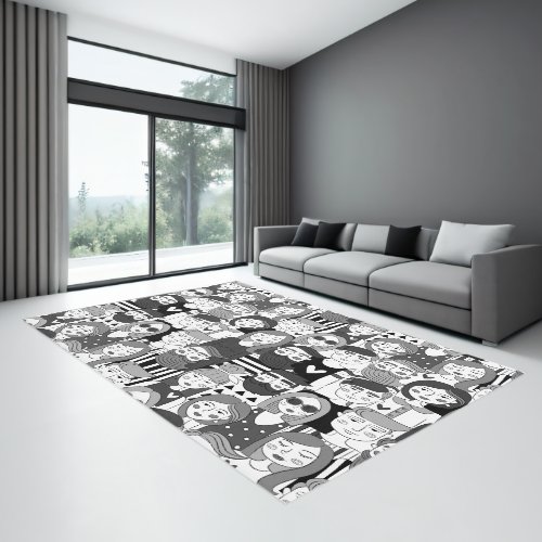 Downtown Crowd Faces Black  White ID494 Rug