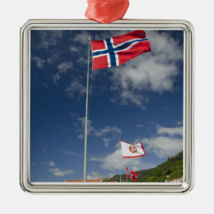 Downtown historic port area of Bergen wth flags Metal Ornament