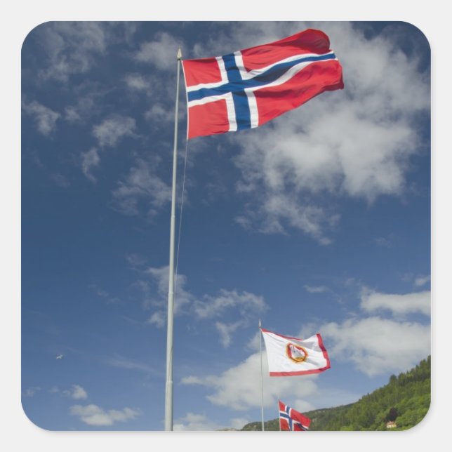 Downtown historic port area of Bergen wth flags Square Sticker (Front)