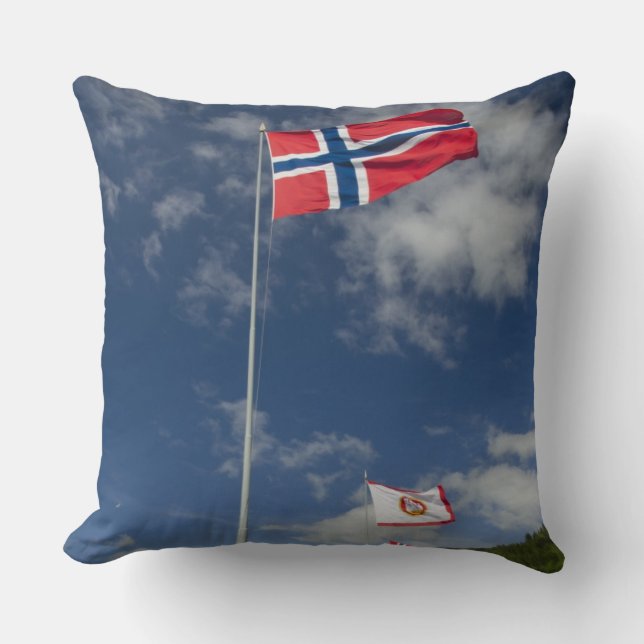 Downtown historic port area of Bergen wth flags Throw Pillow (Front)