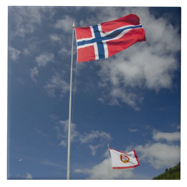 Downtown historic port area of Bergen wth flags Tile (Front)