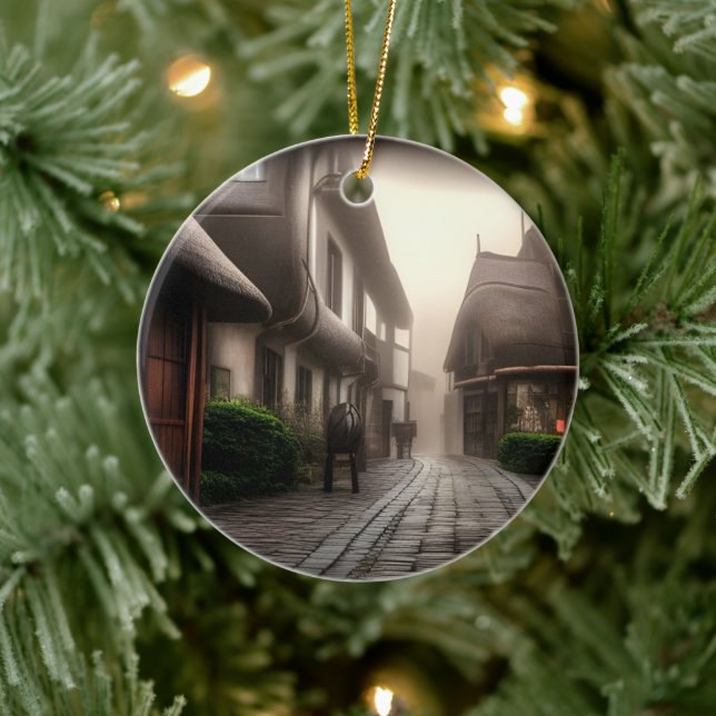 Downtown Hobbiton on a Foggy Day Ceramic Ornament (Tree)