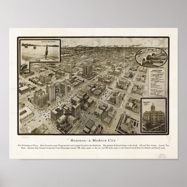 Downtown Houston Texas 1912 Antique Panoramic Map Poster (Front)