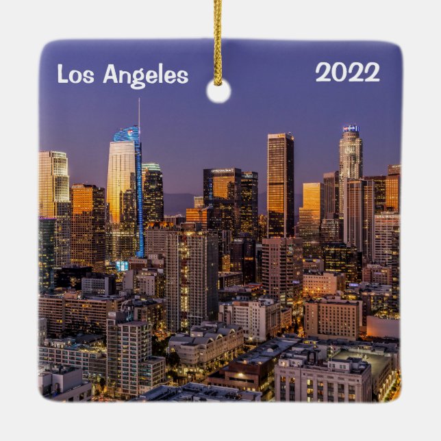 Downtown Los Angeles at Twilight, Ceramic Ornament (Back)