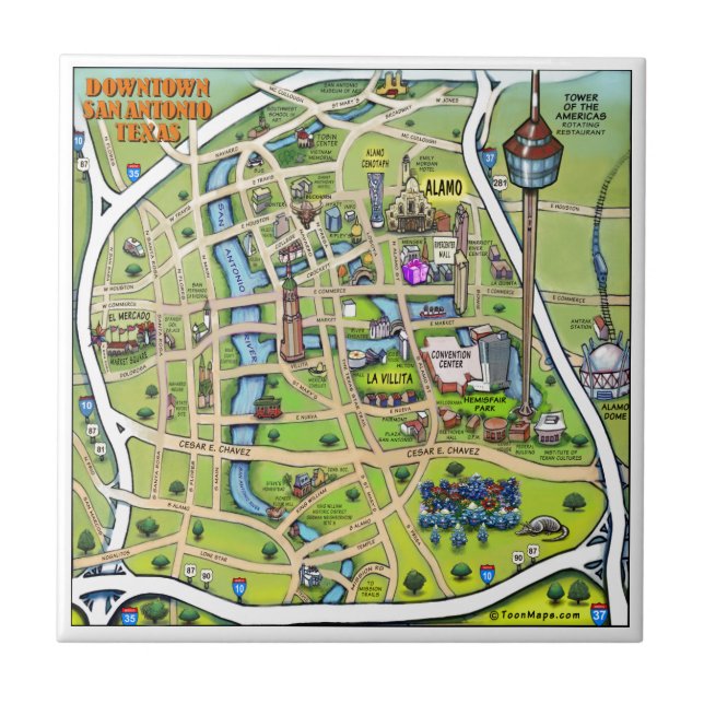 Downtown San Antonio Cartoon Map Ceramic Tile (Front)