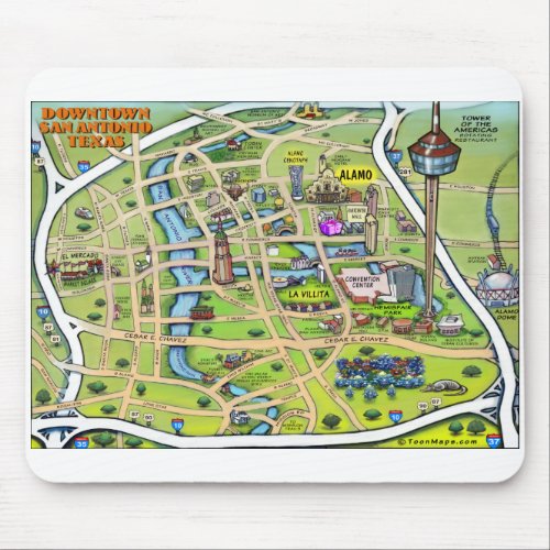 Downtown San Antonio Cartoon Map Mouse Pad