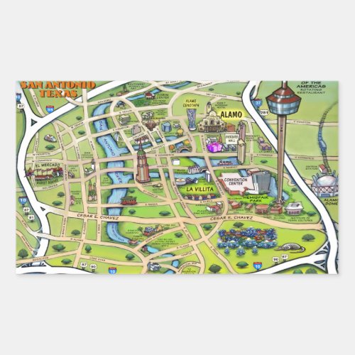 Downtown San Antonio Cartoon Map Rectangular Sticker