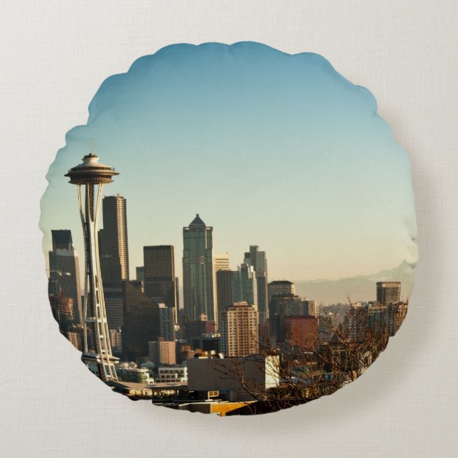 Downtown Seattle skyline and Space Needle Round Pillow (Front)