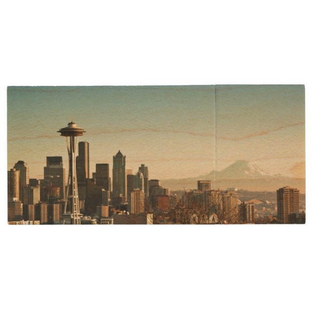 Downtown Seattle skyline and Space Needle Wood USB Flash Drive (Front)