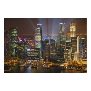 Downtown Singapore city at night Wood Wall Art