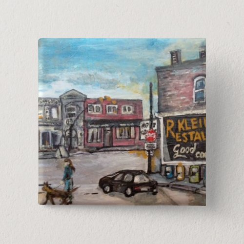 Downtown Willoughby Dog Walk Painting on Button
