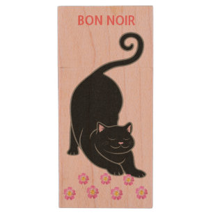 Downward black kitty cat & pink flowers wood flash drive