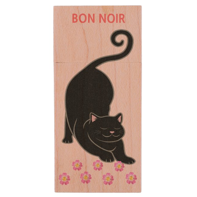 Downward black kitty cat & pink flowers wood flash drive (Front Vertical)