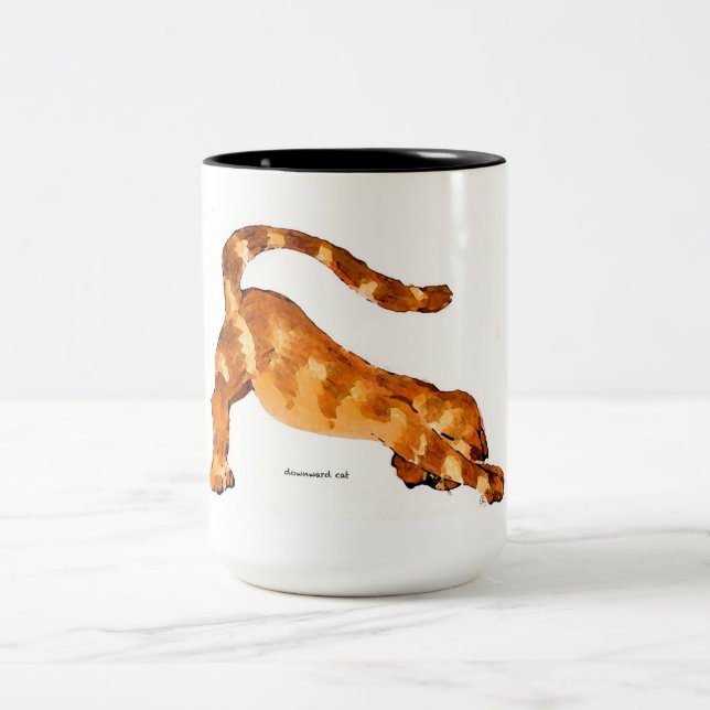 Downward Cat Mug-Original Art by SQ Streater Two-Tone Coffee Mug (Center)