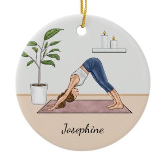 Downward Dog Pose Yoga Woman And Custom Name Ceramic Ornament