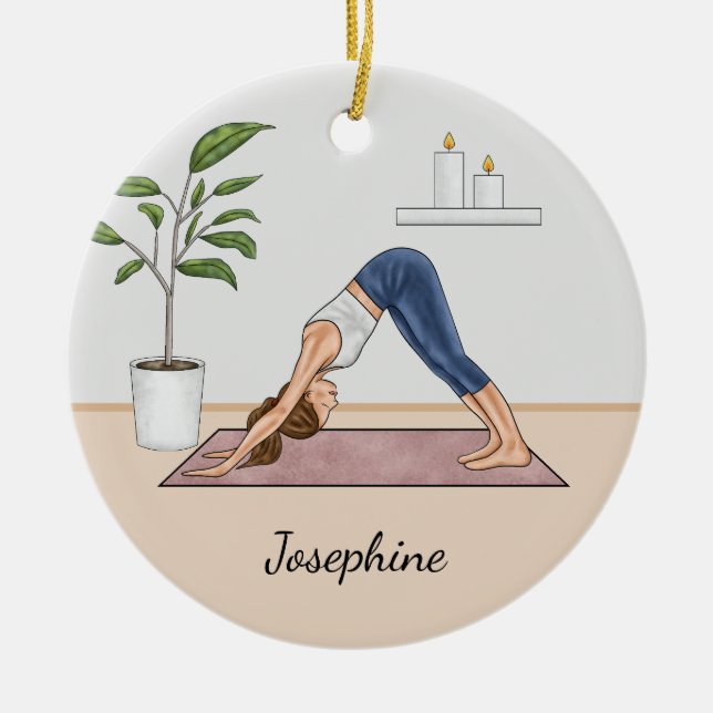 Downward Dog Pose Yoga Woman And Custom Name Ceramic Ornament (Front)