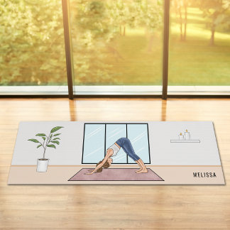 Downward Dog Pose Yoga Woman With Custom Name Mat