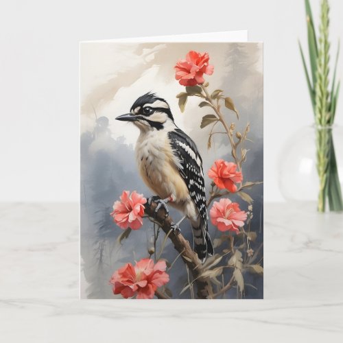 Downy Woodpecker Beautiful Flowers Blank Card