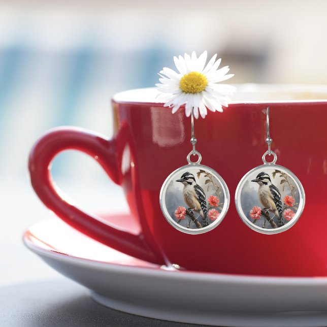 Downy Woodpecker Beautiful Flowers Cute  Earrings (Creator Uploaded)