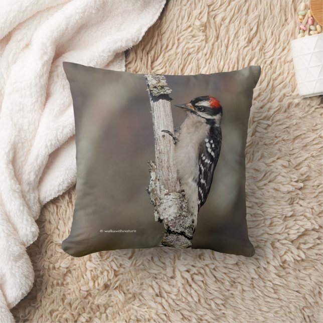 Downy Woodpecker Bird on Branch Throw Pillow (Blanket)