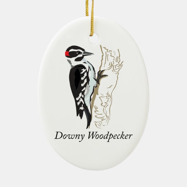 Downy Woodpecker Illustration Ceramic Ornament (Back)