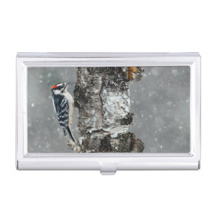 Downy Woodpecker in Snow - Original Photograph Business Card Case