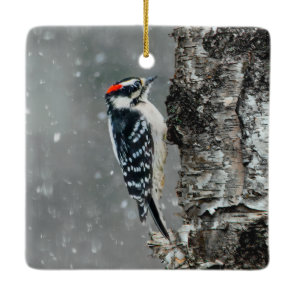 Downy Woodpecker in Snow - Original Photograph Ceramic Ornament